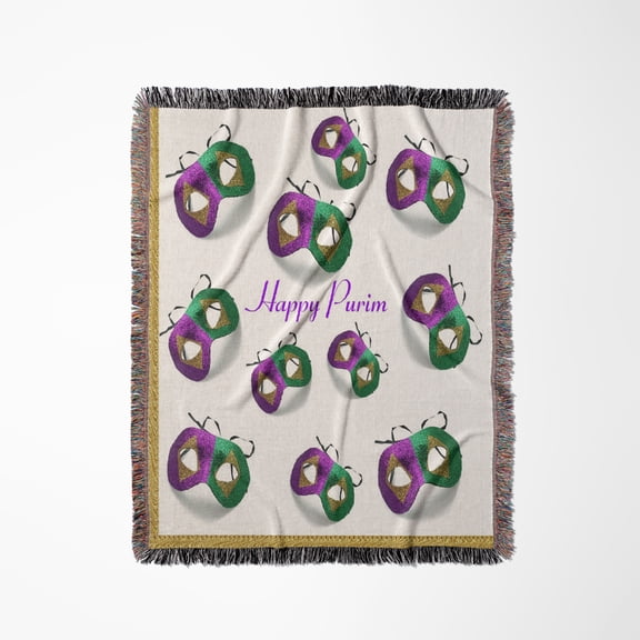 Image Of Purple And Green Purim Masks With Happy Purim, Woven Blanket