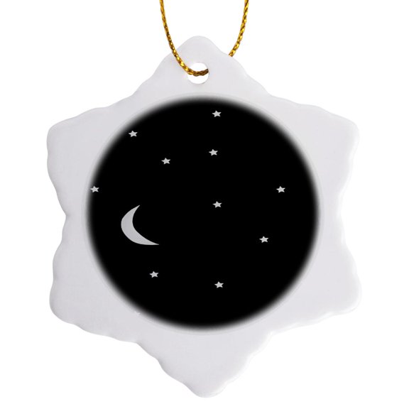 3drose, Image of Quarter Moon and Stars in Black and White, 3 inch Snowflake Porcelain Ornament
