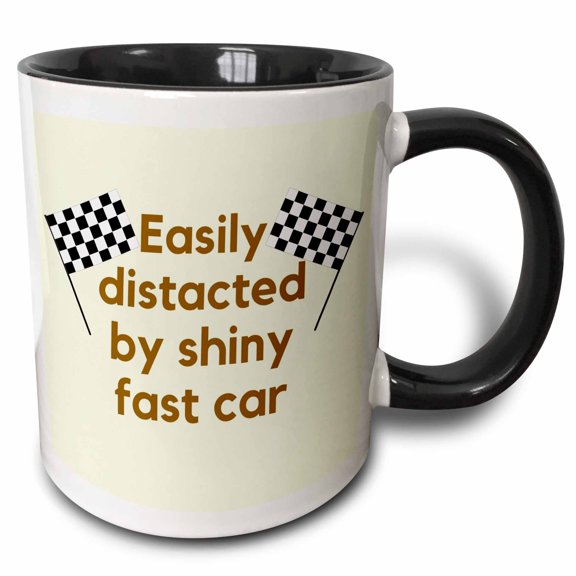 3drose, Image of Race Flag with Text of Easily Distracted by Shiny Car, 11oz Two-tone Black Mug