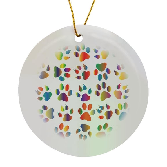 3drose, Image of Rainbow Gradient Dog Paws Pattern, Circle Porcelain Ornament