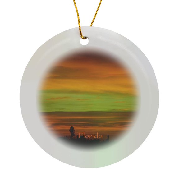3drose, Image of Rare Green Flash in Coppery Sunset Florida Sky, Circle Porcelain Ornament