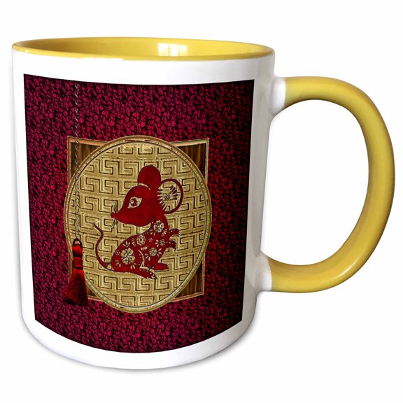 3drose, Image of Rat on Textured Asian Design with Tassel, Orange, Red, 11oz Two-tone Yellow Mug