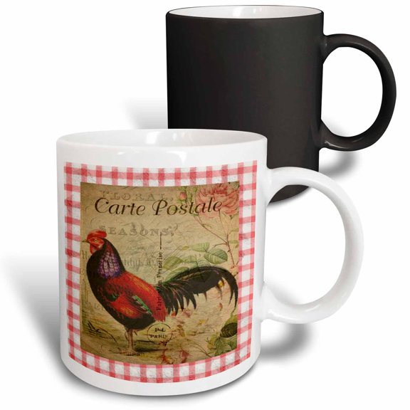 3drose, Image of Red Brown Rooster on French Postcard with Red Checks, 11oz Magic Transforming Mug