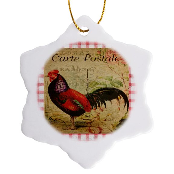3drose, Image of Red Brown Rooster on French Postcard with Red Checks, 3 inch Snowflake Porcelain Ornament
