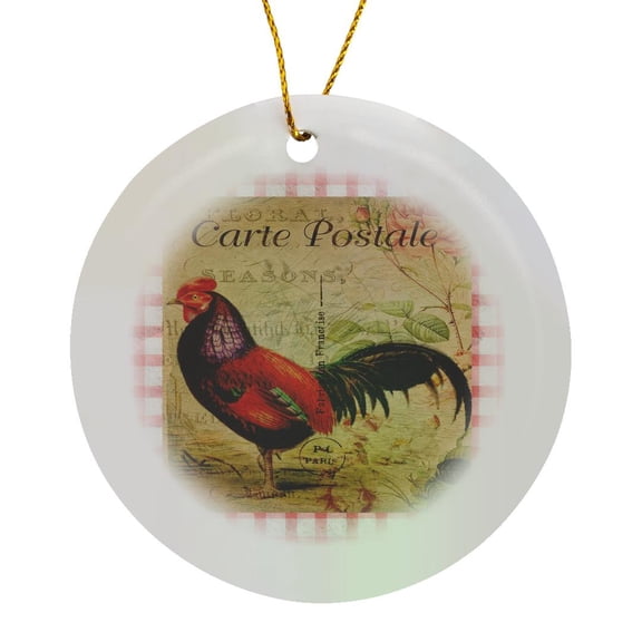3drose, Image of Red Brown Rooster on French Postcard with Red Checks, Circle Porcelain Ornament