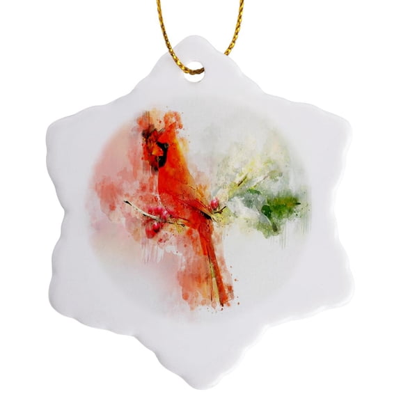 3drose, Image of Red Cardinal Bird in Watercolor, 3 inch Snowflake Porcelain Ornament