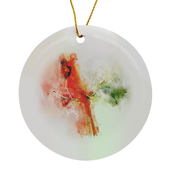 3drose, Image of Red Cardinal Bird in Watercolor, Circle Porcelain Ornament