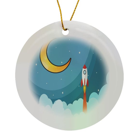 3drose, Image of Red Rocketship in Space with Big Crescent Moon, Circle Porcelain Ornament