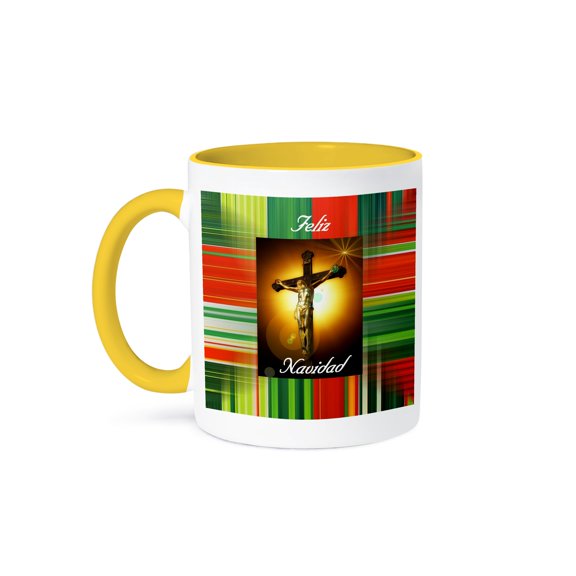3drose, Image of Religious Christ on Gold Cross on Red Green in Spanish, 11oz Two-tone Yellow Mug