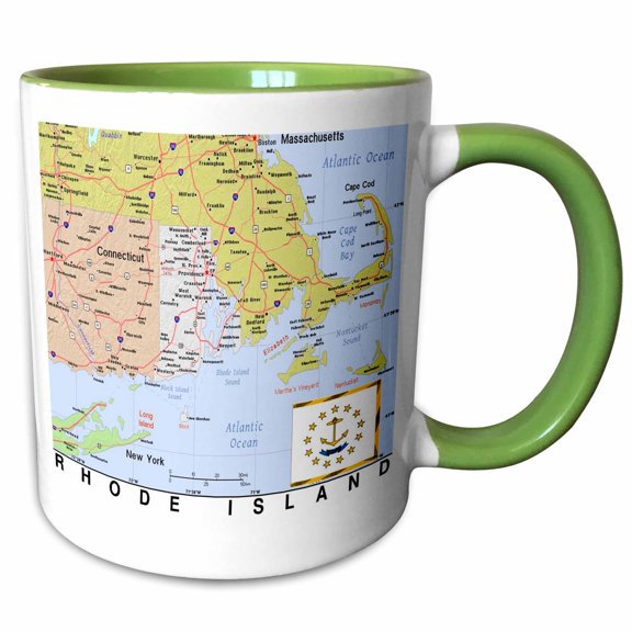 3drose, Image of Rhode Island Topographic Map with Flag, 11oz Two-tone Green Mug
