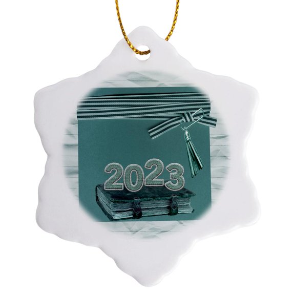 3drose, Image of Ribbon, Bow, Tassel, 2023 on Old Book, Blue, 3 inch Snowflake Porcelain Ornament