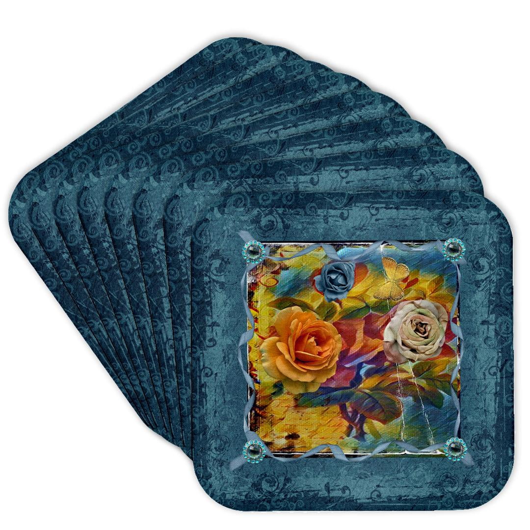 3drose, Image of Rose Flowers in Gem Ribbon Frame, Blue, Coral, Tan ...