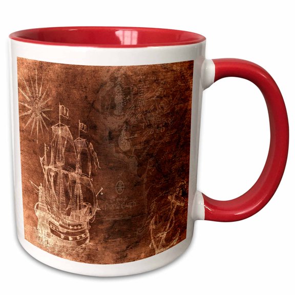 3drose, Image of Schooner Anchor and Compass on Middle Earth Map, 15oz Two-tone Red Mug