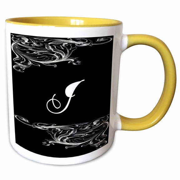 3drose, Image of Scrolly Victorian Style Letter J, 15oz Two-tone Yellow Mug