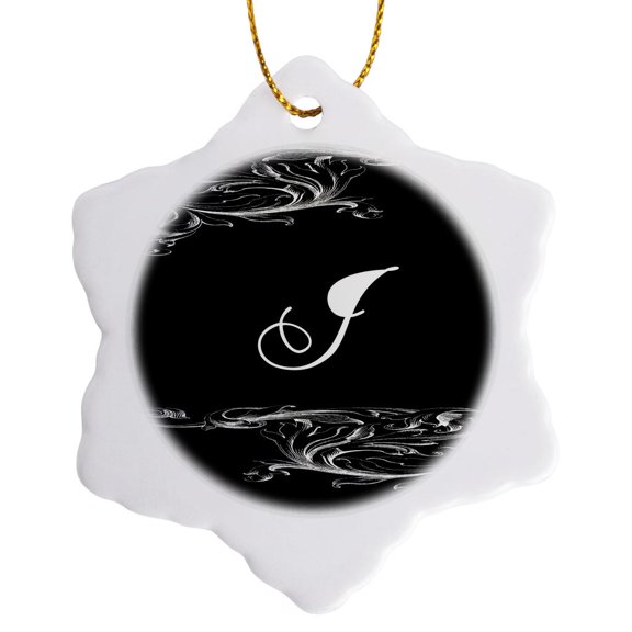 3drose, Image of Scrolly Victorian Style Letter J, 3 inch Snowflake Porcelain Ornament
