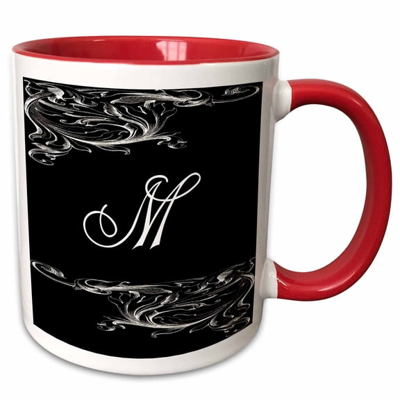3drose, Image of Scrolly Victorian Style Letter M, 11oz Two-tone Red Mug