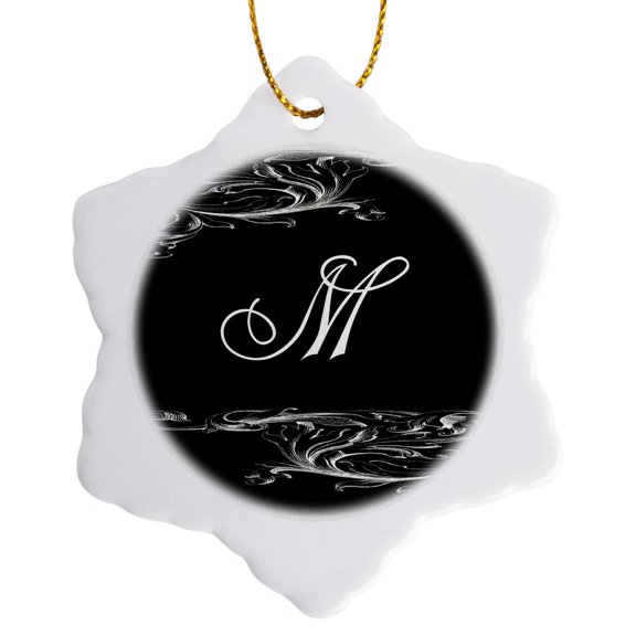 3drose, Image of Scrolly Victorian Style Letter M, 3 inch Snowflake Porcelain Ornament