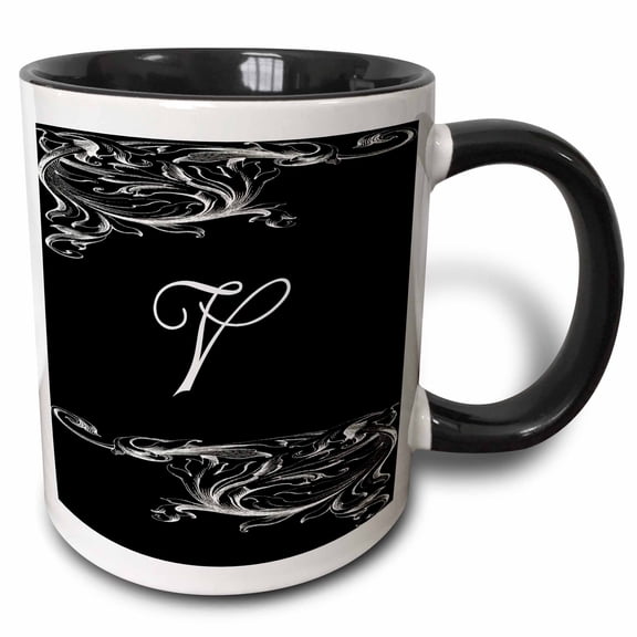 3drose, Image of Scrolly Victorian Style Letter V, 15oz Two-tone Black Mug