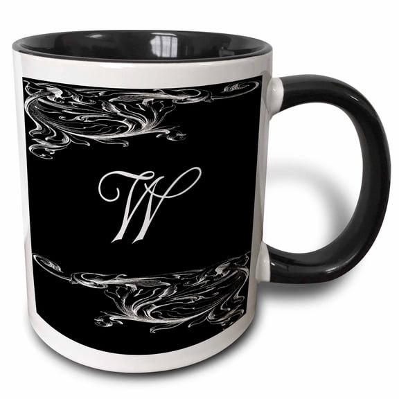 3drose, Image of Scrolly Victorian Style Letter W, 11oz Two-tone Black Mug