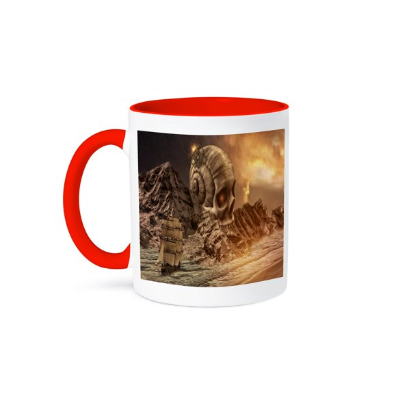 3drose, Image of Sepia Scene with Old Schooner and Giant Skull, 11oz Two-tone Red Mug