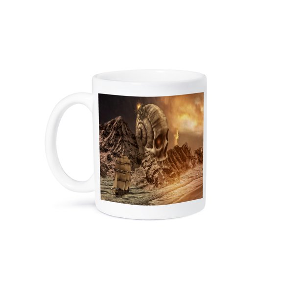 3drose, Image of Sepia Scene with Old Schooner and Giant Skull, 15oz Mug