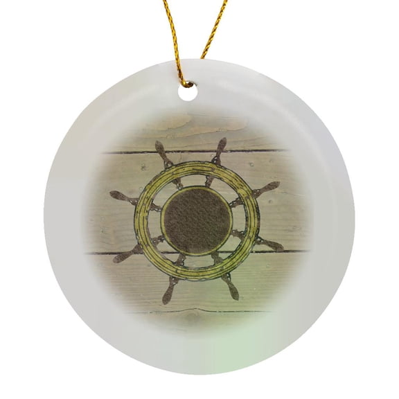 3drose, Image of Ships Wheel on Old Planks, Circle Porcelain Ornament