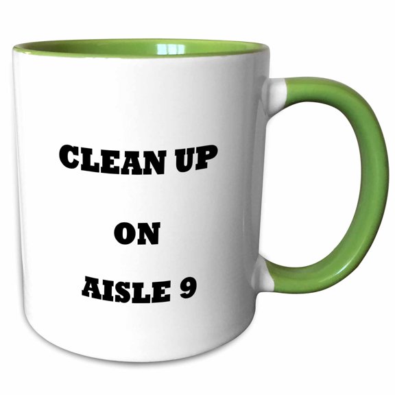 3drose, Image of Sign Says Cleanup on Aisle 9, 15oz Two-tone Green Mug