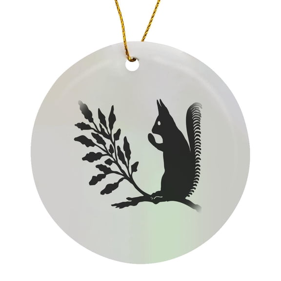 3drose, Image of Silhouette of Squirrel and Acorn Branch, Circle Porcelain Ornament