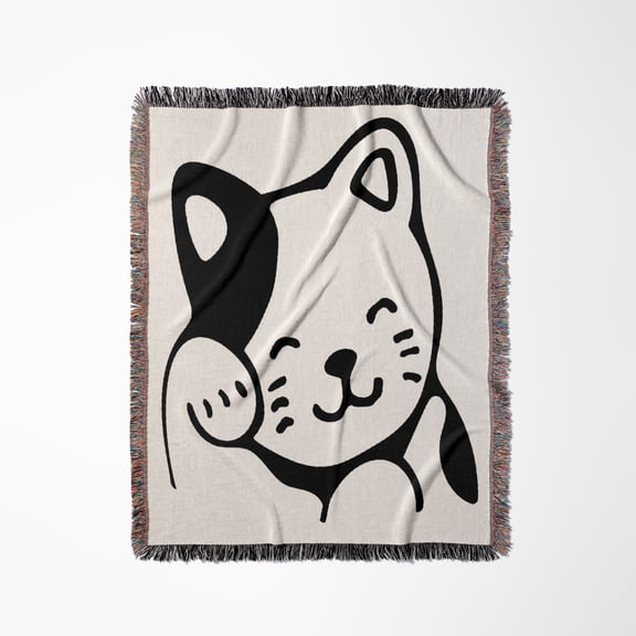 Image Of Silhouette Outline Of Cat Grooming Itself, Woven Blanket