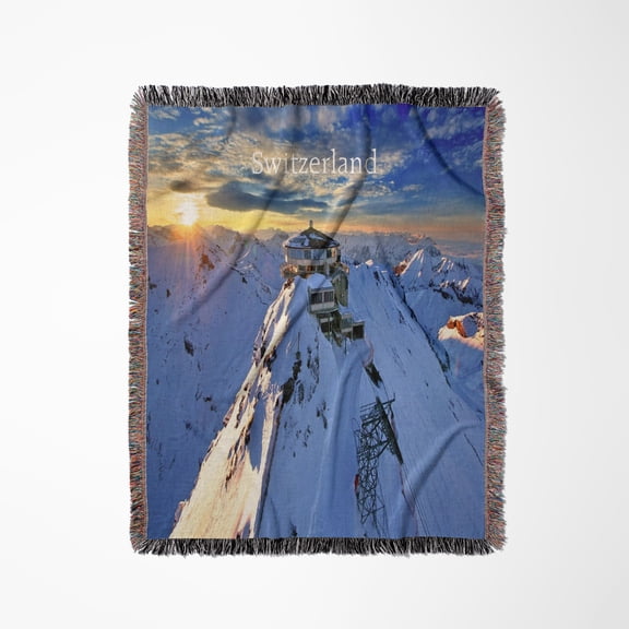 Image Of Ski Lodge At Sunset In Winter In Switzerland, Woven Blanket