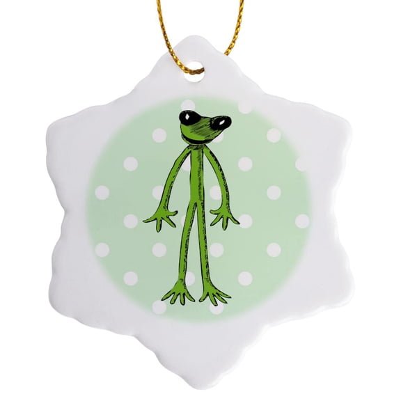 3drose, Image of Skinny Standing Frog on Green Dots, 3 inch Snowflake Porcelain Ornament