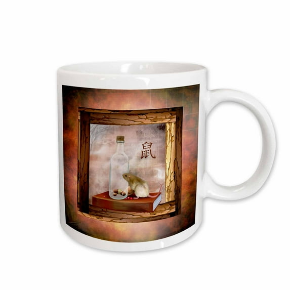 3drose, Image of Smart Rat on Book and Nuts in Jar, Sign of the Rat in Chinese, 11oz Mug