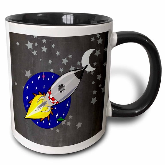 3drose, Image of Spaceship with Moon and Stars, 11oz Two-tone Black Mug