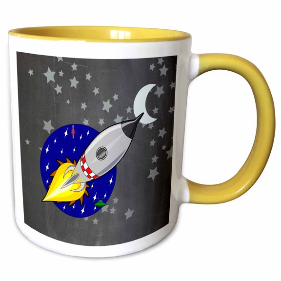 3drose, Image of Spaceship with Moon and Stars, 11oz Two-tone Yellow Mug