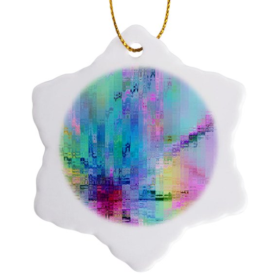 3drose, Image of Splashes of Aqua Pink and Fuchsia in a Geometric Fractal, 3 inch Snowflake Porcelain Ornament