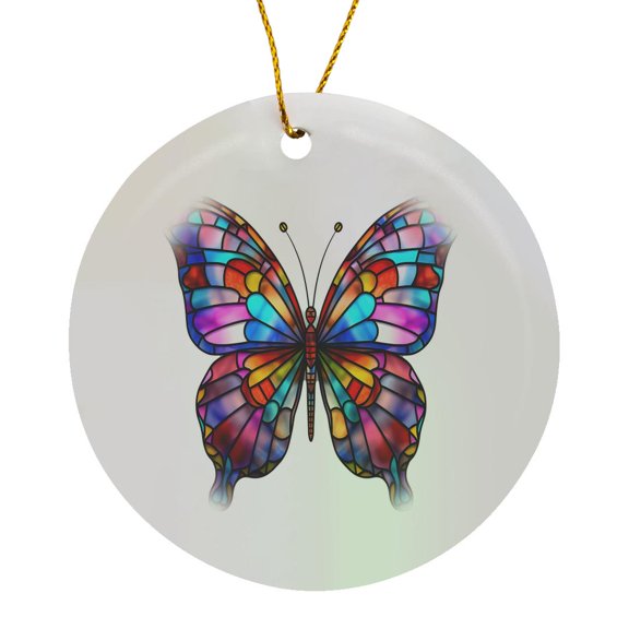 3drose, Image of Stained Glass Butterfly Illustration, Circle Porcelain Ornament