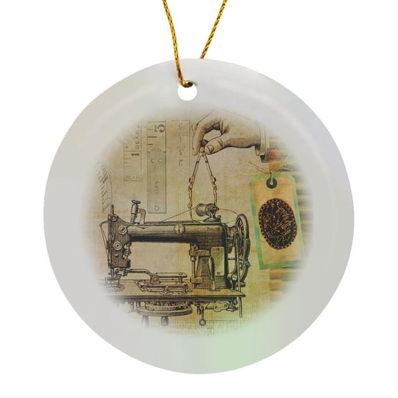 3drose, Image of Steampunk Sewing Machine with Hand and Tape Measure, Circle Porcelain Ornament
