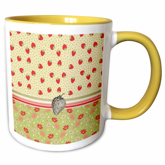 3drose, Image of Strawberry Gem, Ribbon, Strawberry Flora Design, Red, Silver, 11oz Two-tone Yellow Mug