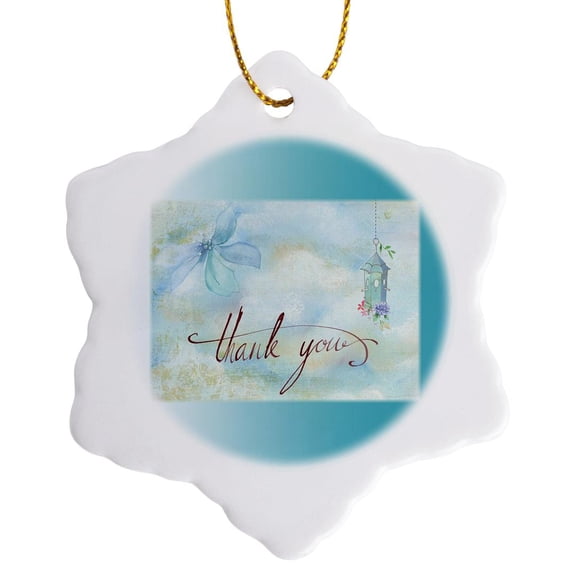 3drose, Image of Thank You Words with Bird Cage on Aqua, 3 inch Snowflake Porcelain Ornament