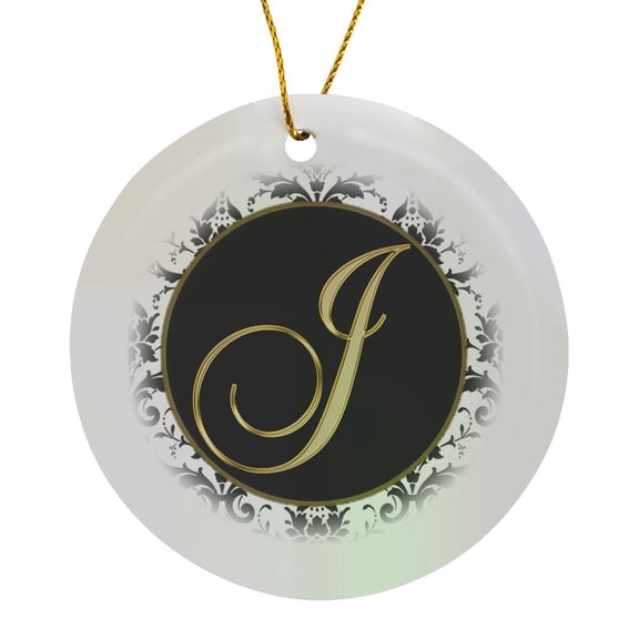 3drose, Image of the Script Letter J in Black White and Gold, Circle Porcelain Ornament