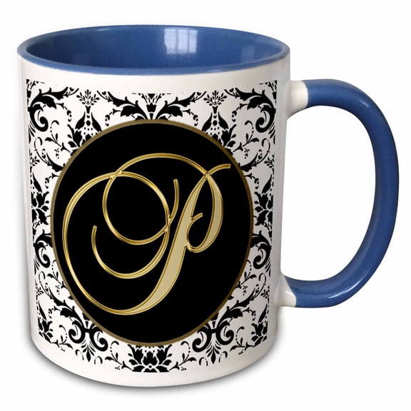 3drose, Image of the Script Letter P in Black White and Gold, 11oz Two-tone Blue Mug