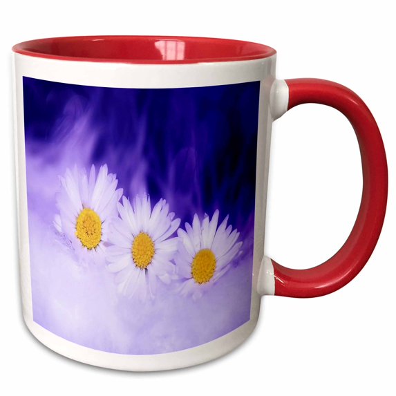 3drose, Image of Three Daisies on Purple and Violet, 15oz Two-tone Red Mug
