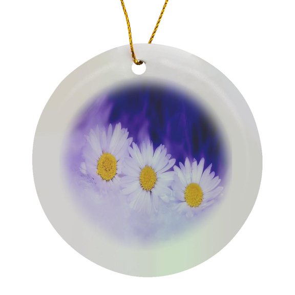 3drose, Image of Three Daisies on Purple and Violet, Circle Porcelain Ornament