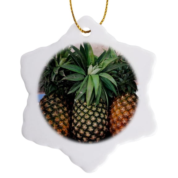 3drose, Image of Three Fresh Pineapples in a Row, 3 inch Snowflake Porcelain Ornament