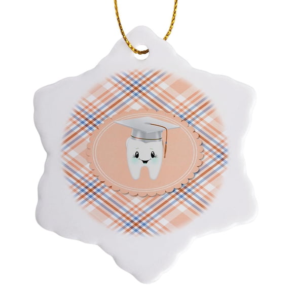 3drose, Image of Tooth Wearing Cap, Dental School Graduation, Coral Plaid, 3 inch Snowflake Porcelain Ornament