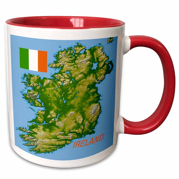 3drose, Image of Topo Map and Flag of Ireland, 15oz Two-tone Red Mug