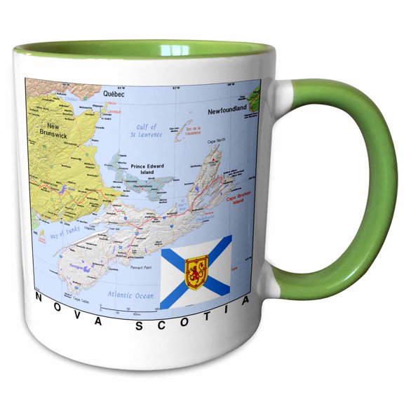 3drose, Image of Topo Map of Nova Scotia with Flag, 11oz Two-tone Green Mug