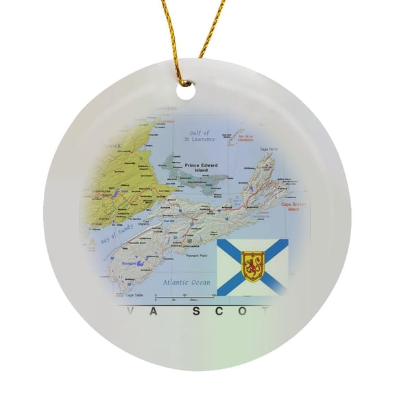 3drose, Image of Topo Map of Nova Scotia with Flag, Circle Porcelain Ornament
