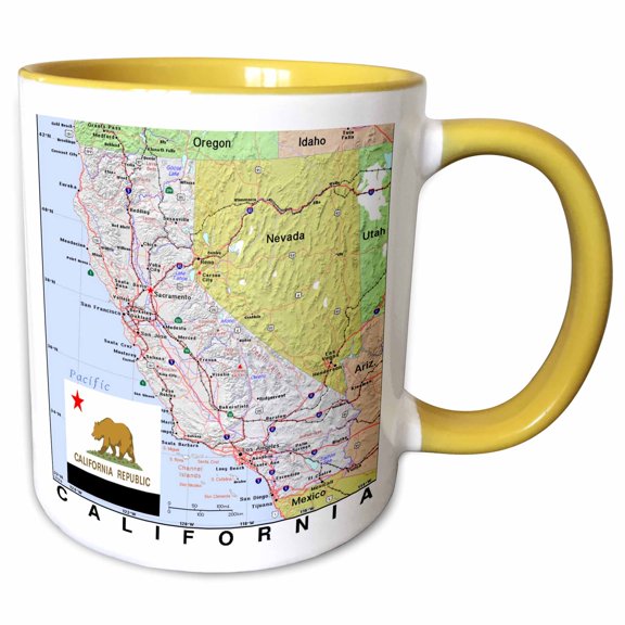 3drose, Image of Topographic Map of California with State Flag, 11oz Two-tone Yellow Mug