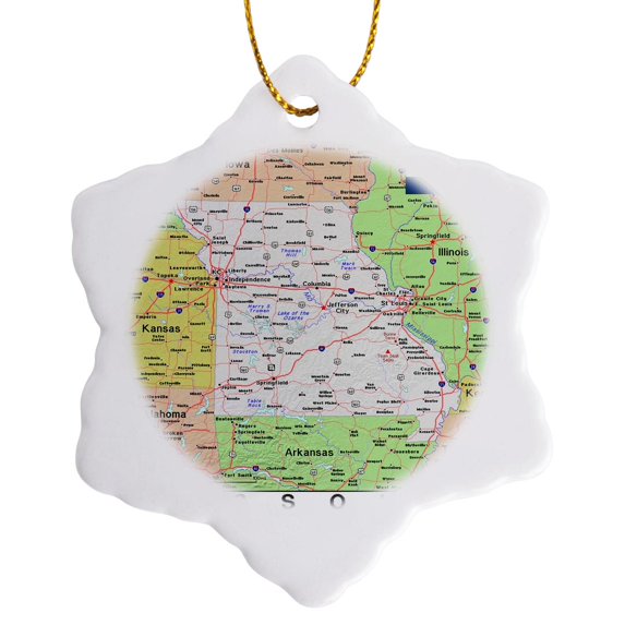 3drose, Image of Topographic Map of Missouri with Flag, 3 inch Snowflake Porcelain Ornament